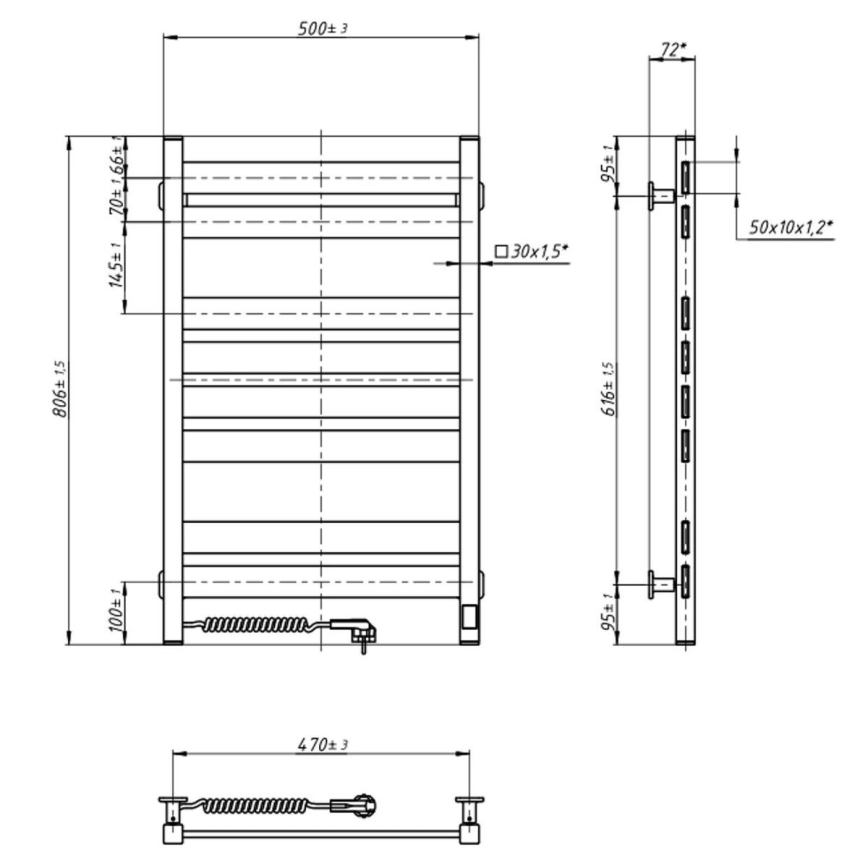 Elektrische handdoekradiator met thermostaat LARGO 168 W 80x50 cm, zwart, links
