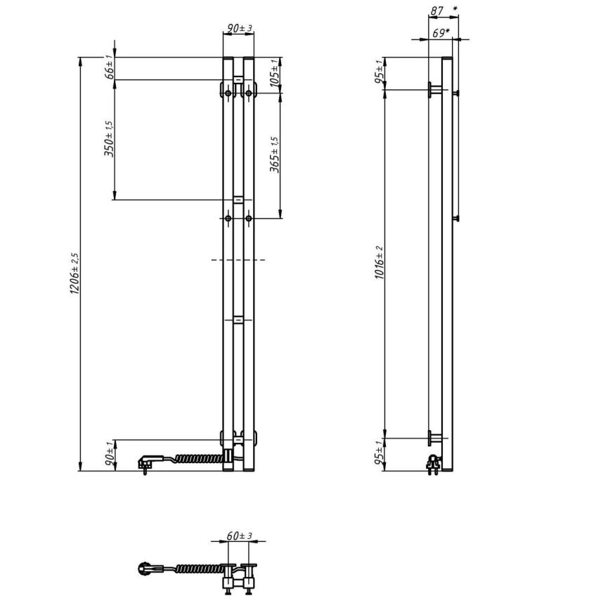 Elektrische handdoekradiator met thermostaat SILOUETTE 187W/230V 120,6 cm IP44 wit rechts hoekig