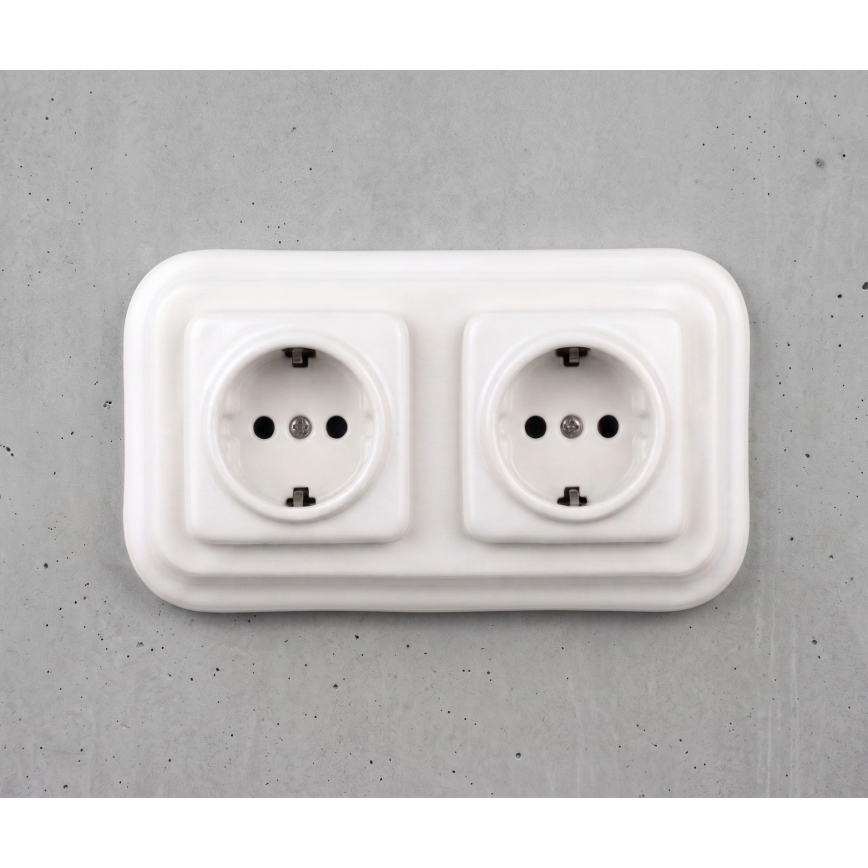 Elhard - Double prise murale en céramique de style rétro avec cadre SCHUKO 230 V, blanche