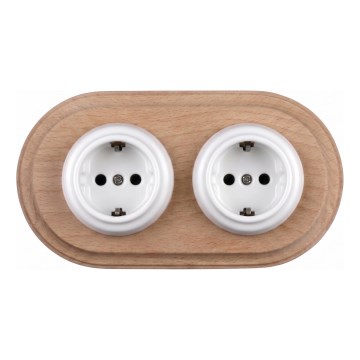 Elhard - Double prise murale rétro en céramique avec cadre SCHUKO 230 V blanc/bois clair