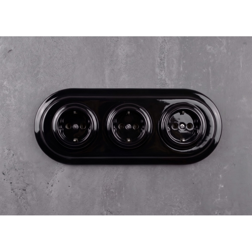 Elhard - Driedubbele keramische retro wandcontactdoos met SCHUKO-frame 230V zwart
