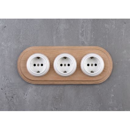 Elhard - Drievoudige keramische retro-wandcontactdoos met SCHUKO-afdekraam 230V wit/licht hout