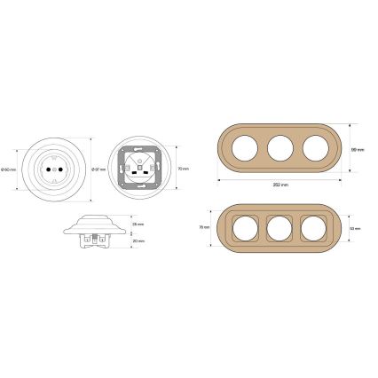 Elhard - Drievoudige keramische retro-wandcontactdoos met SCHUKO-afdekraam 230V wit/licht hout