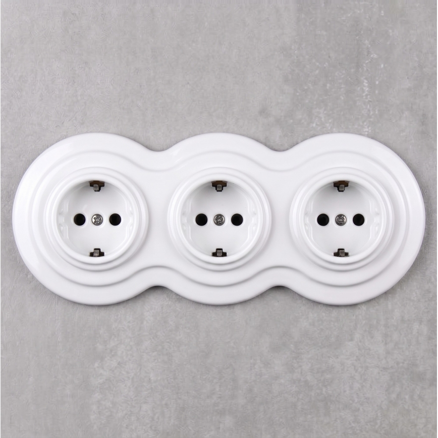 Elhard - Drievoudig keramisch retro stopcontact met afdekraam SCHUKO 230V wit