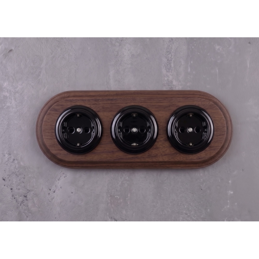 Elhard - Drievoudige keramische retro-wandcontactdoos voor huishoudelijk gebruik met frame SCHUKO 230V černá/tmavé dřevo