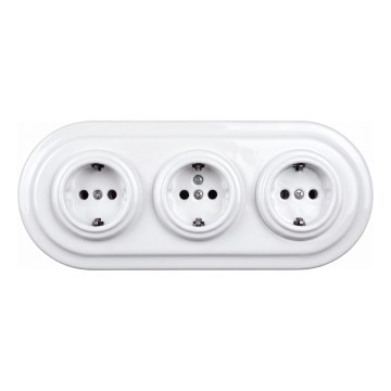 Elhard - Drievoudig keramisch retro stopcontact voor in huis met afdekraam SCHUKO 230V wit