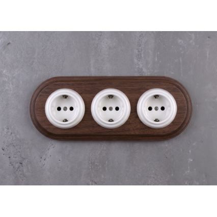 Elhard - Drievoudige keramische retro wandcontactdoos met frame SCHUKO 230V wit/donker hout