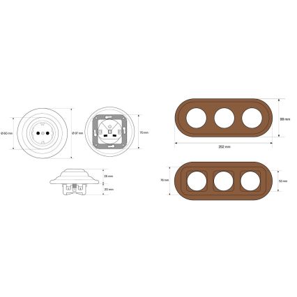Elhard - Drievoudige keramische retro wandcontactdoos met frame SCHUKO 230V wit/donker hout