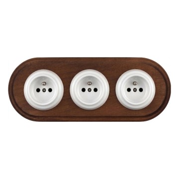 Elhard - Drievoudige keramische retro-wandcontactdoos met afdekraam 230V wit/donker hout
