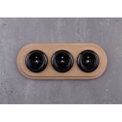 Elhard - Drievoudig keramisch retro stopcontact voor huishoudelijk gebruik met afdekraam 230V zwart/licht hout