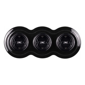 Elhard - Drievoudige keramische retro wandcontactdoos met afdekraam SCHUKO 230V zwart