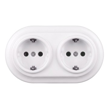 Elhard - Dubbel keramisch retro huishoudelijk stopcontact met afdekraam SCHUKO 230V wit