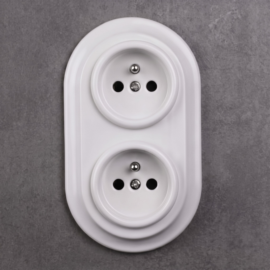 Elhard - Dubbel keramisch retro huishoudelijk stopcontact met afdekraam SCHUKO 230V wit