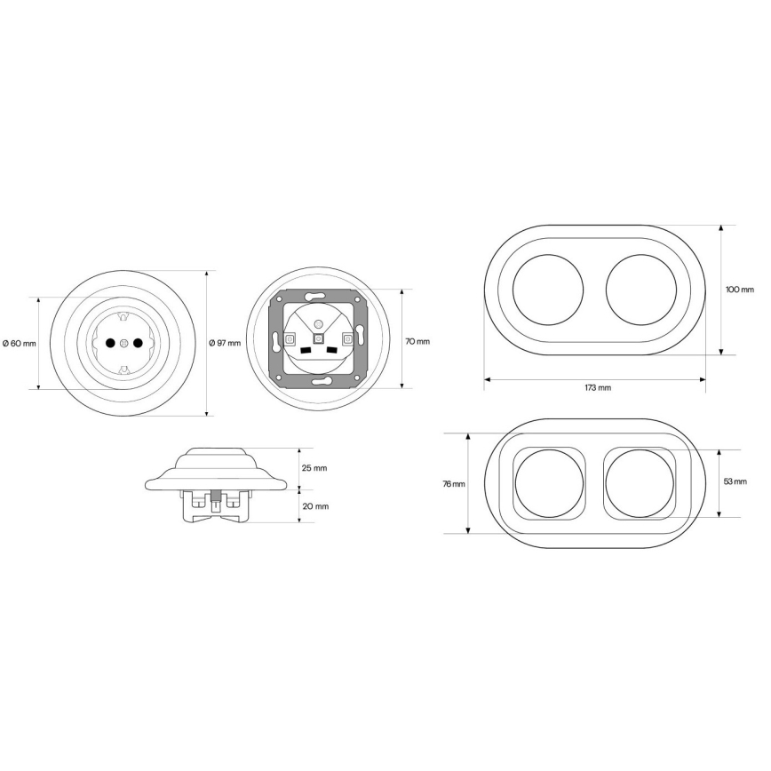 Elhard - Dubbel keramisch retro huishoudelijk stopcontact met afdekraam SCHUKO 230V wit