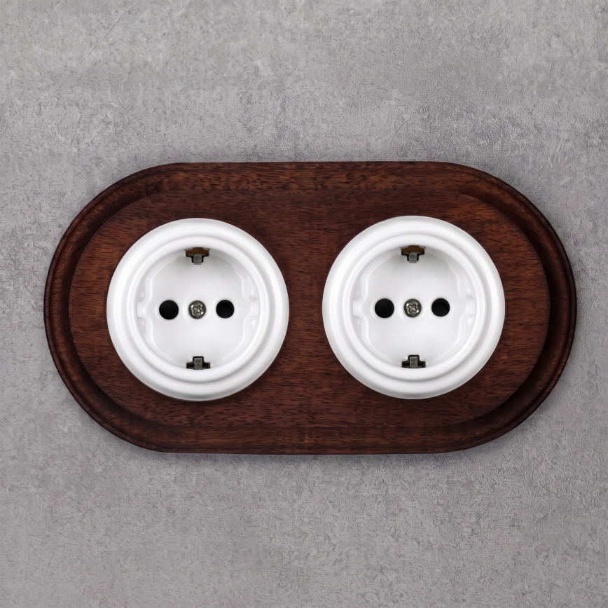 Elhard - Dubbele keramische retro-wandcontactdoos met afdekraam SCHUKO 230V wit/donker hout