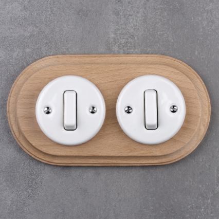 Elhard - Dubbele keramische retro-schakelaar met lijst nr. 1, wit/licht hout