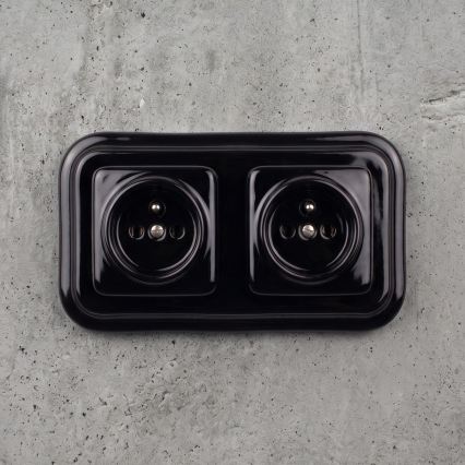 Elhard - Dubbele keramische retro-wandcontactdoos met afdekraam, 230V, zwart