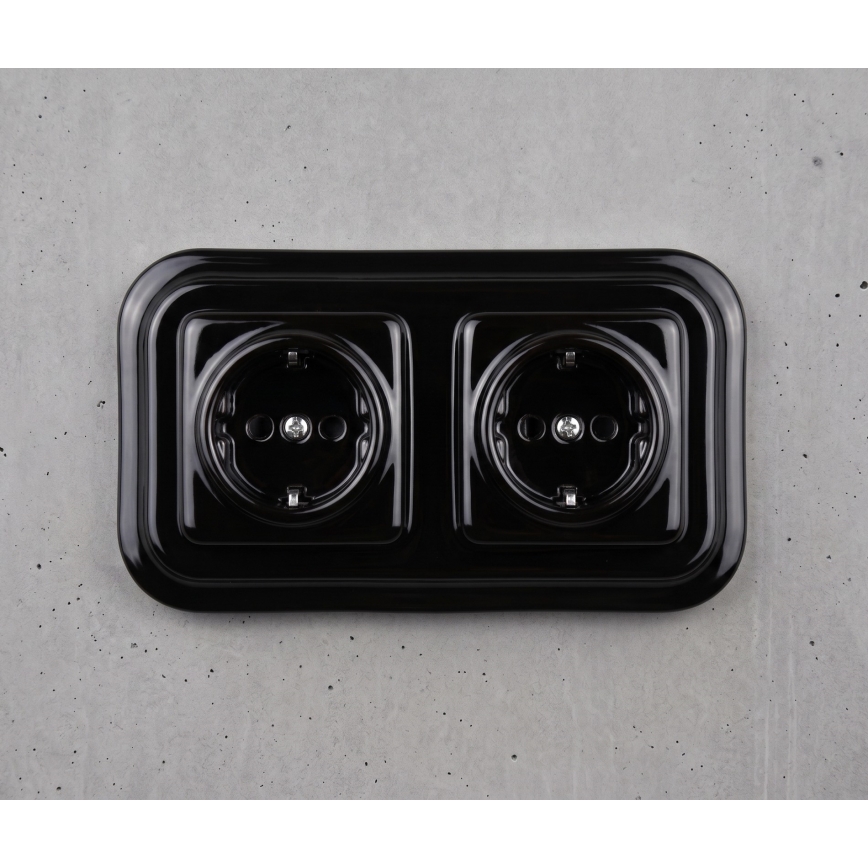 Elhard - Dubbele keramische retro wandcontactdoos met afdekraam SCHUKO 230V zwart