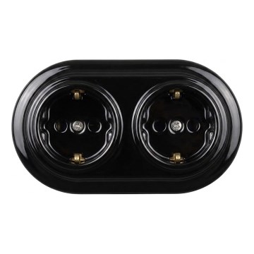 Elhard - Dubbele keramische retro wandcontactdoos met afdekraam SCHUKO 230V zwart