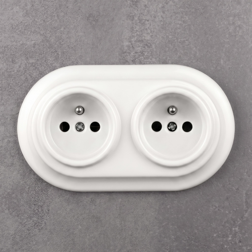 Elhard - Dubbele keramische retro wandcontactdoos met frame 230V wit
