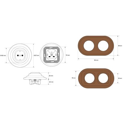 Elhard - Dubbele keramische retro-wandcontactdoos voor huishoudelijk gebruik met afdekraam SCHUKO 230V, zwart/donker hout