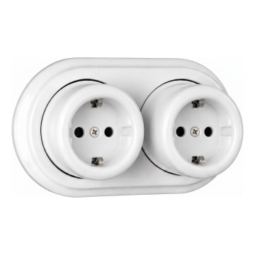 Elhard - Dubbele keramische retro wandcontactdoos met SCHUKO-afdekraam, 230V, wit