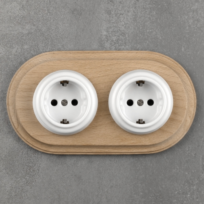 Elhard - Dubbel keramisch retro stopcontact voor huishoudelijk gebruik met afdekraam SCHUKO 230V wit/licht hout
