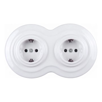 Elhard - Dubbele keramische retro-wandcontactdoos voor huishoudelijk gebruik met afdekraam SCHUKO 230V wit