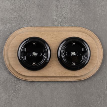 Elhard - Dubbel keramisch retro stopcontact met afdekraam SCHUKO 230V zwart/licht hout