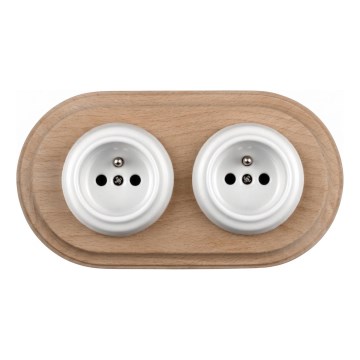 Elhard - Dubbele keramische retro-wandcontactdoos voor thuis met frame 230V wit/licht hout