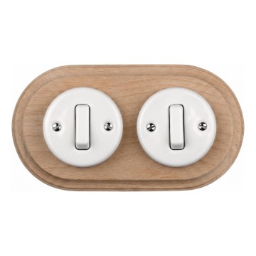 Elhard - Interrupteur double en céramique rétro avec cadre č. 1 blanc/bois clair