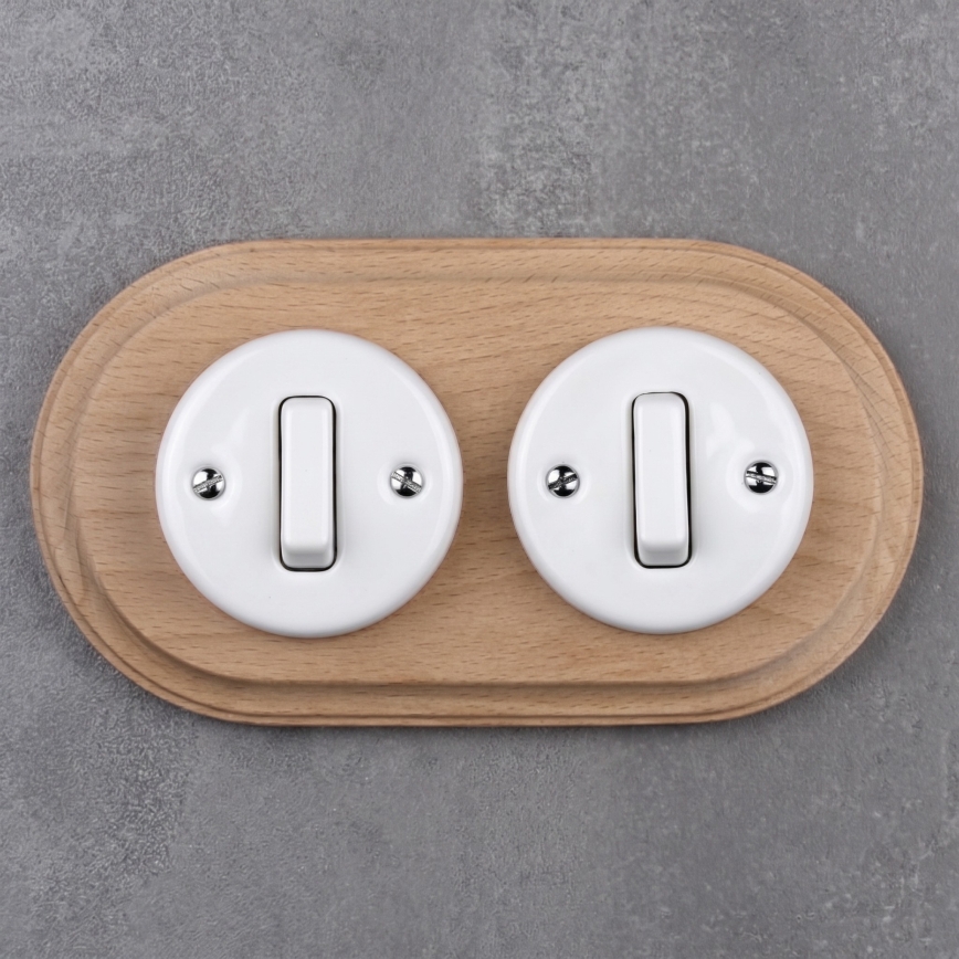 Elhard - Interrupteur double en céramique rétro avec cadre č. 1 blanc/bois clair