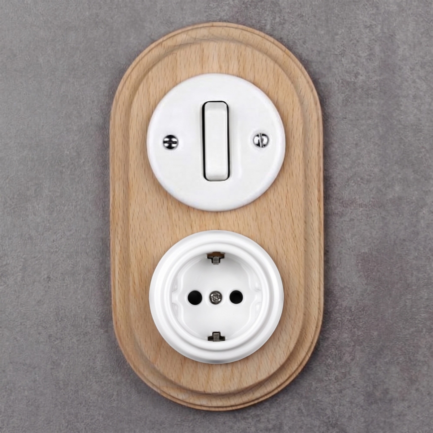 Elhard - Interrupteur rétro en céramique č. 1 et prise 230V avec cadre SCHUKO blanc/bois clair