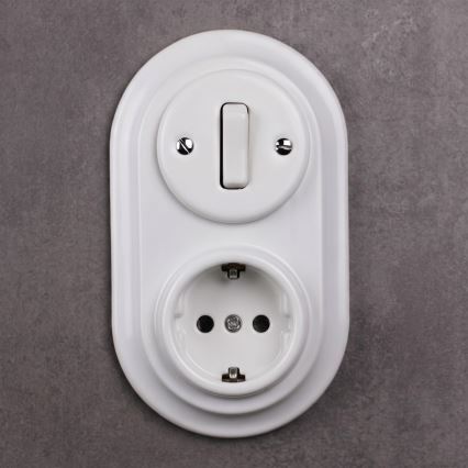 Elhard - Interrupteur rétro en céramique n° 1 et prise 230 V avec cadre SCHUKO, blanc