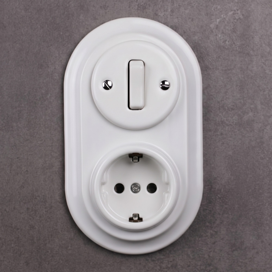 Elhard - Interrupteur rétro en céramique n° 1 et prise 230 V avec cadre SCHUKO, blanc