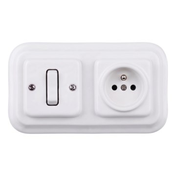 Elhard - Interrupteur unipolaire rétro en céramique n° 1 et prise 230 V avec cadre blanc