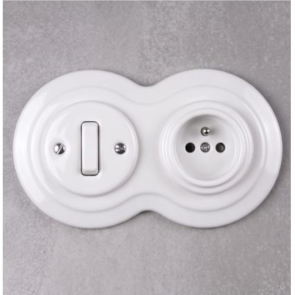 Elhard - Keramische retro 1-voudige schakelaar en 230V stopcontact met afdekraam wit