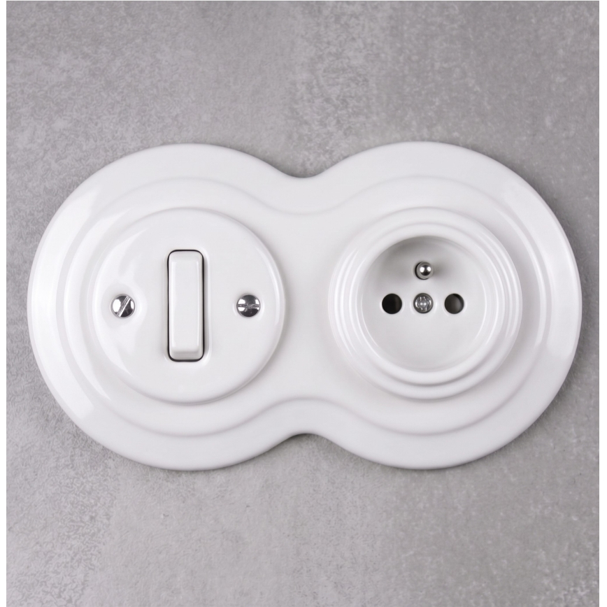 Elhard - Keramische retro 1-voudige schakelaar en 230V stopcontact met afdekraam wit