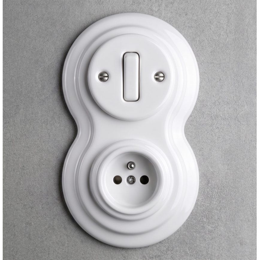 Elhard - Keramische retro 1-voudige schakelaar en 230V stopcontact met afdekraam wit
