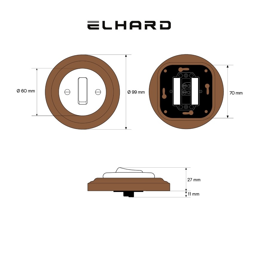 Elhard - keramische retro enkele schakelaar met afdekraam č. 1 wit/donker hout