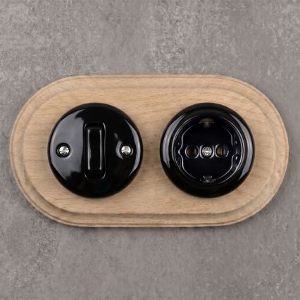 Elhard - Keramische retro schakelaar č. 1 en stopcontact 230V met SCHUKO-frame zwart/licht hout