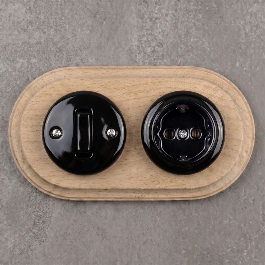 Elhard - Keramische retro schakelaar č. 1 en stopcontact 230V met SCHUKO-frame zwart/licht hout
