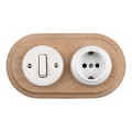 Elhard - Keramische retro schakelaar nr. 1 en stopcontact 230V met SCHUKO-omranding wit/licht hout