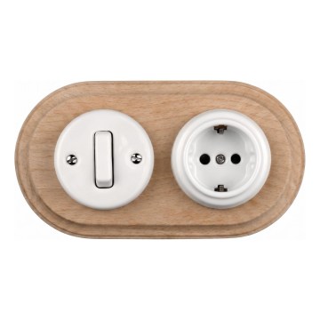 Elhard - Keramische retro schakelaar nr. 1 en stopcontact 230V met SCHUKO-omranding wit/licht hout
