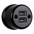 Elhard - Keramische retro wandcontactdoos met 2x USB‑A, zwart