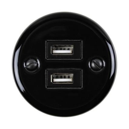 Elhard - Keramische retro wandcontactdoos met 2x USB‑A, zwart