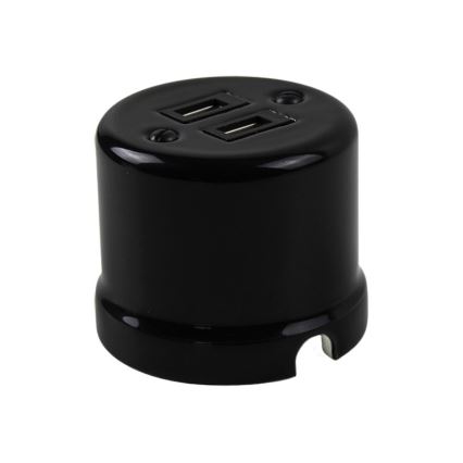 Elhard - Keramische retro wandcontactdoos met 2x USB‑A, zwart