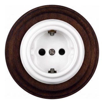 Elhard - Keramische retro wandcontactdoos met afdekraam SCHUKO 230V wit/donker hout