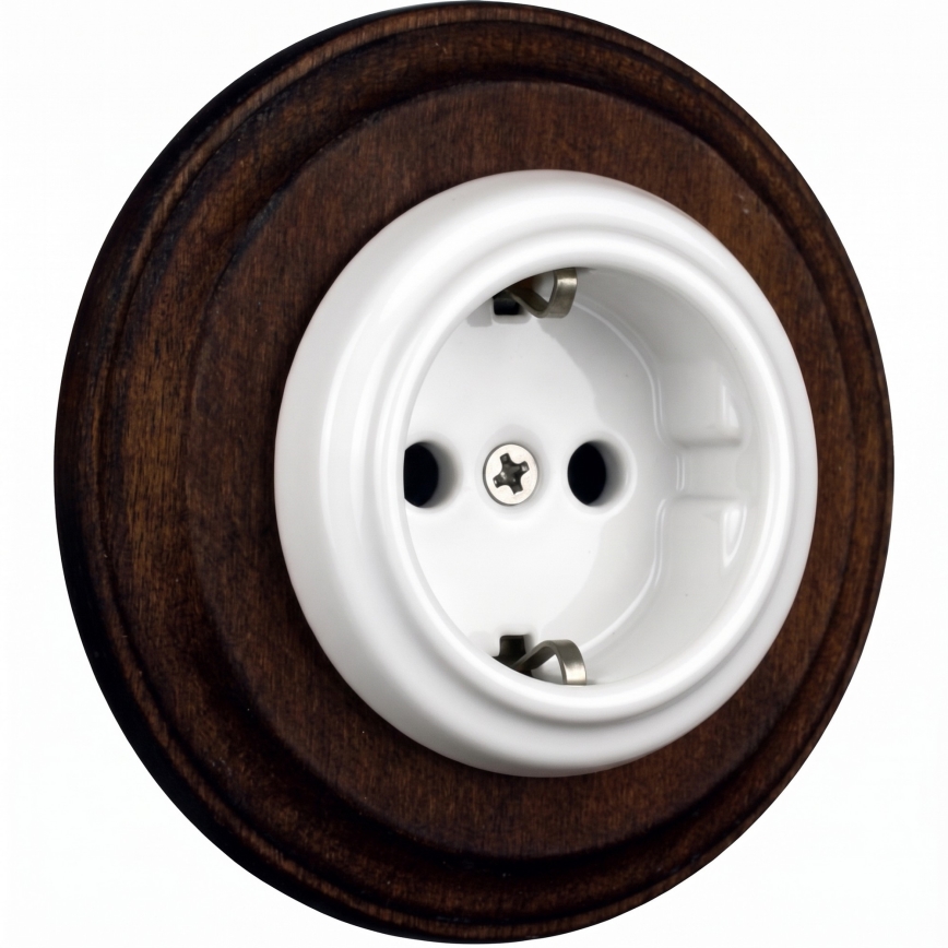 Elhard - Keramische retro wandcontactdoos met afdekraam SCHUKO 230V wit/donker hout