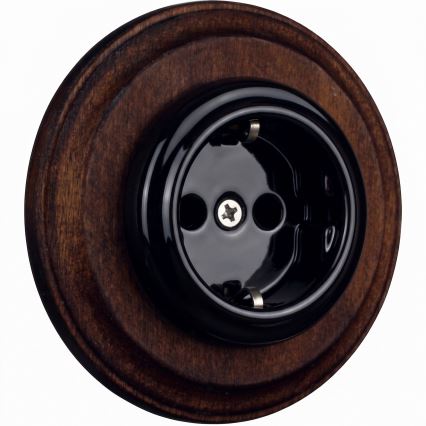 Elhard - Keramische retro wandcontactdoos met afdekraam SCHUKO 230V zwart/donker hout